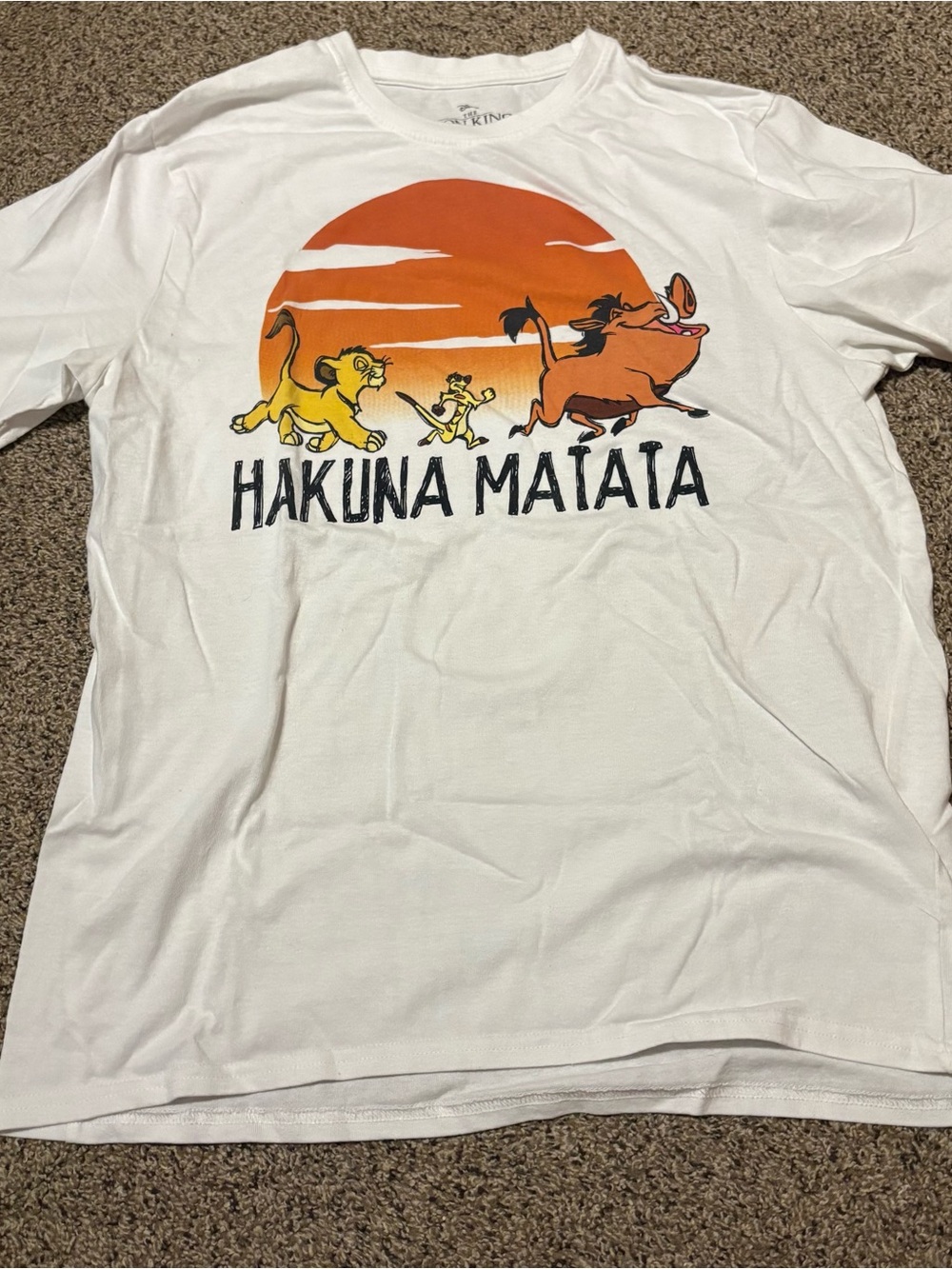 Disney White Hakuna Matata Short Sleeve Tee with Orange Sunset Graphic